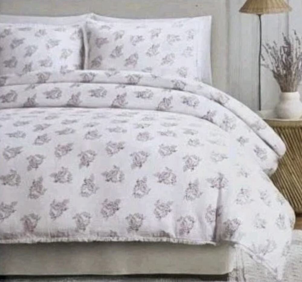 Shabby Chic Cotton Floral Woven KING Size Duvet Set White Rose Pink Fringe